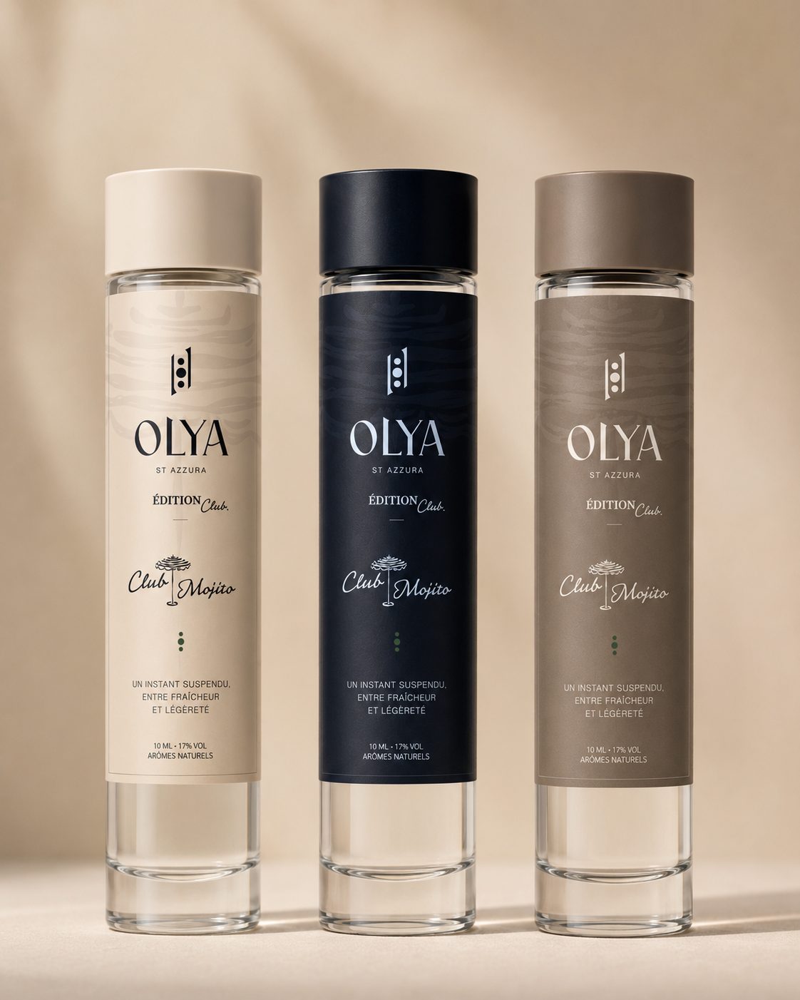 Le packaging OLYA Club Mojito, trois tubes en verre habillés en Day Club, Midnight et After Sun
